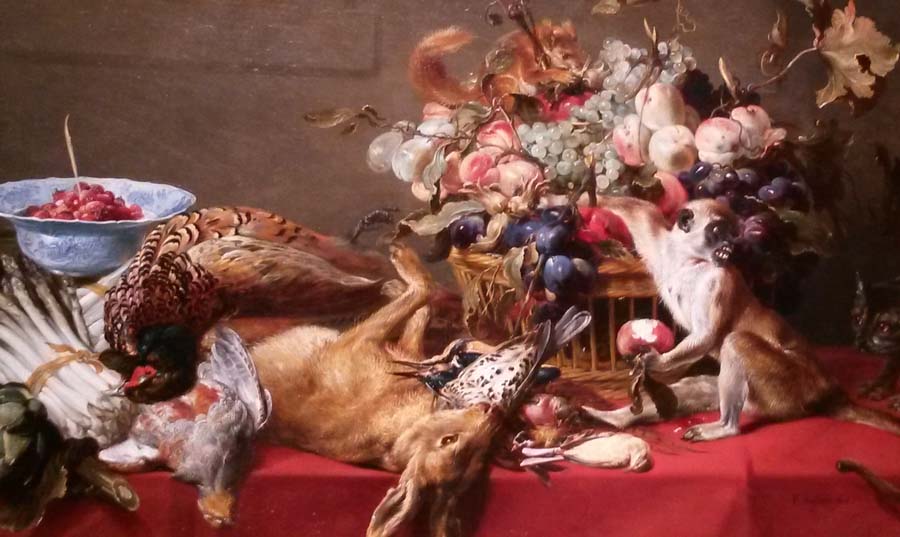 Frans Snyders - Natura morta con frutta, selvaggina, verdura, una scimmia, uno scoiattolo e un gatto (part.)